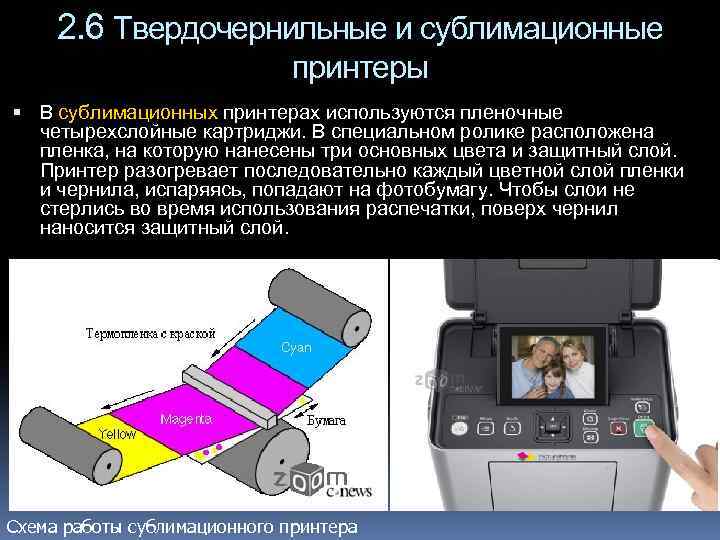 2. 6 Твердочернильные и сублимационные принтеры В сублимационных принтерах используются пленочные четырехслойные картриджи. В