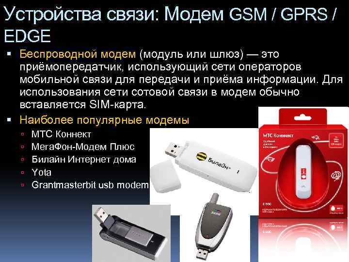 Устройства связи: Модем GSM / GPRS / EDGE Беспроводной модем (модуль или шлюз) —