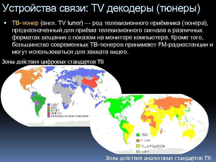 Устройства связи: TV декодеры (тюнеры) ТВ-тюнер (англ. TV tuner) — род телевизионного приёмника (тюнера),