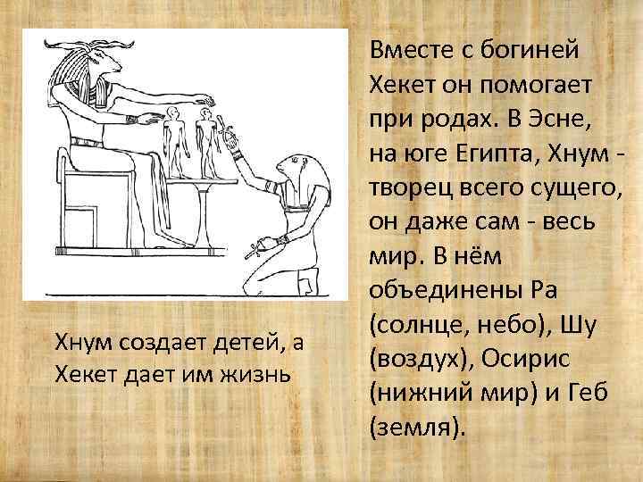 Хнум создает детей, а Хекет дает им жизнь Вместе с богиней Хекет он помогает