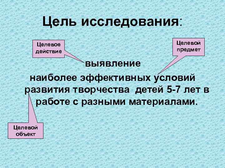 Цель исследования: Целевое действие Целевой предмет выявление наиболее эффективных условий развития творчества детей 5