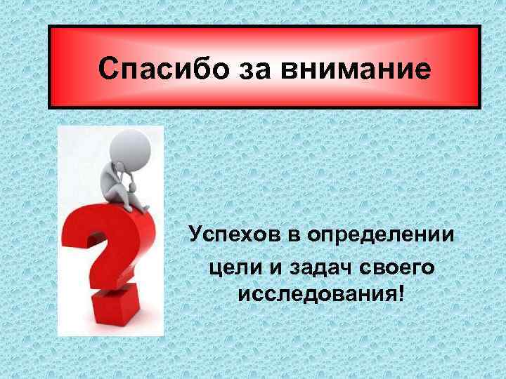 Спасибо за внимание Успехов в определении цели и задач своего исследования! 