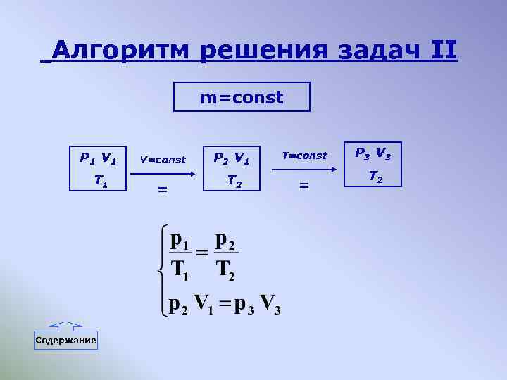 Алгоритм решения задач II m=const P 1 V 1 T 1 Содержание V=const =
