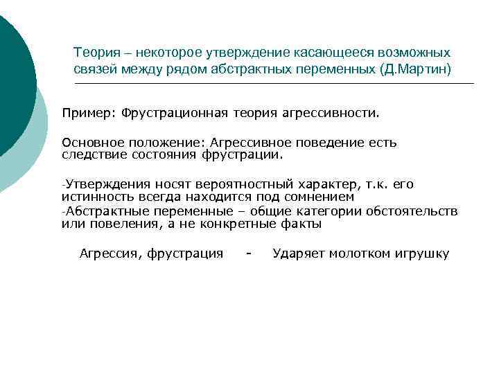Теория – некоторое утверждение касающееся возможных связей между рядом абстрактных переменных (Д. Мартин) Пример:
