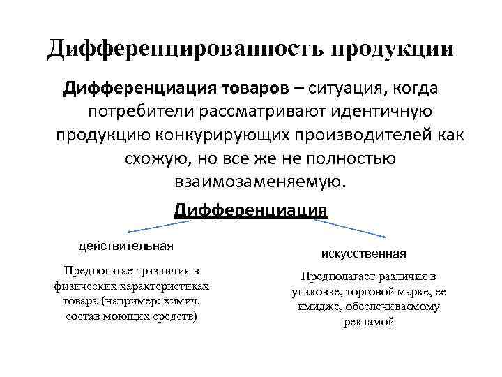 Дифференцированность продукции Дифференциация товаров – ситуация, когда потребители рассматривают идентичную продукцию конкурирующих производителей как