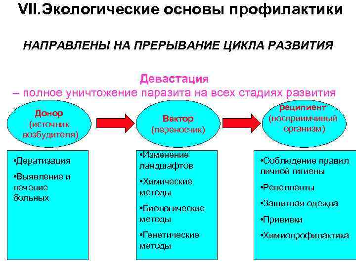 VII. Экологические основы профилактики НАПРАВЛЕНЫ НА ПРЕРЫВАНИЕ ЦИКЛА РАЗВИТИЯ Девастация – полное уничтожение паразита