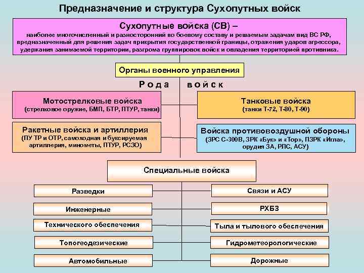 Предназначение и структура Сухопутных войск Сухопутные войска (СВ) – наиболее многочисленный и разносторонний по