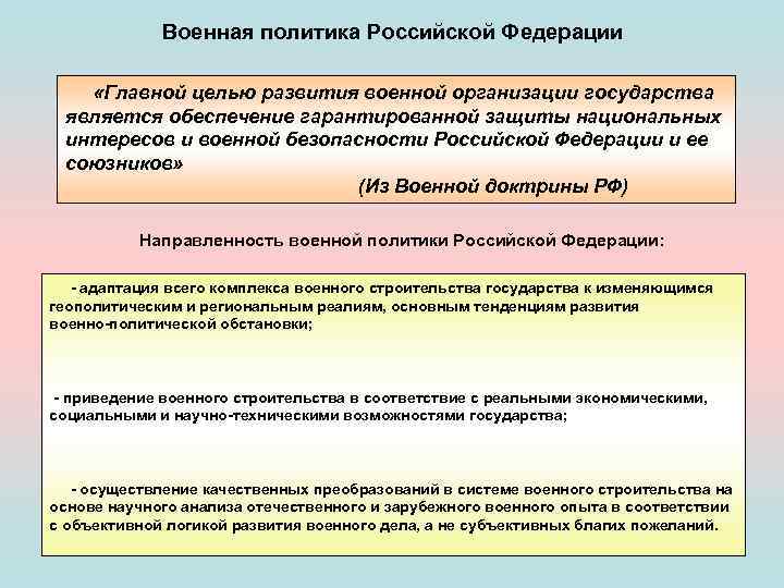 Военная политика Российской Федерации «Главной целью развития военной организации государства является обеспечение гарантированной защиты