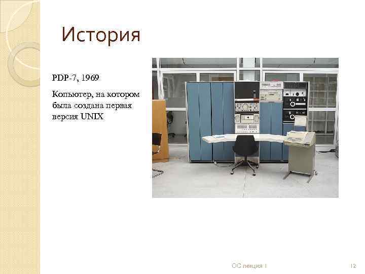 История PDP-7, 1969 Копьютер, на котором была создана первая версия UNIX ОС лекция 1