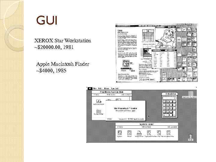GUI XEROX Star Workstation ~$20000. 00, 1981 Apple Macintosh Finder ~$4000, 1985 