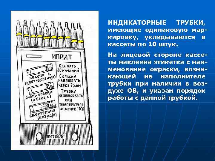 ИНДИКАТОРНЫЕ ТРУБКИ, имеющие одинаковую маркировку, укладываются в кассеты по 10 штук. На лицевой стороне
