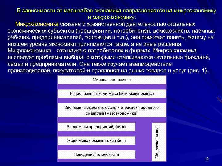 В зависимости от масштабов экономика подразделяется на микроэкономику и макроэкономику. Микроэкономика связана с хозяйственной