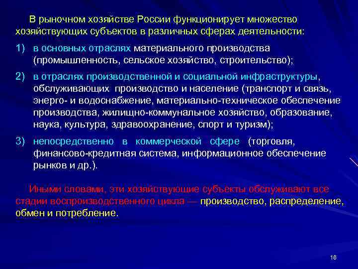 В рыночном хозяйстве России функционирует множество хозяйствующих субъектов в различных сферах деятельности: 1) в