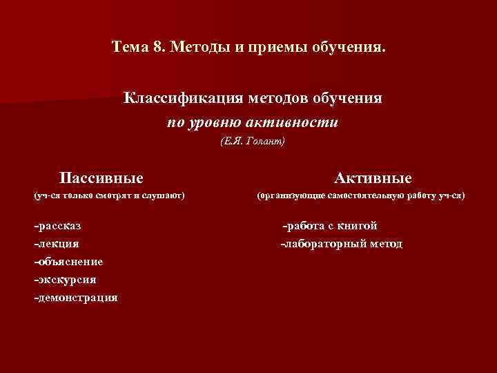 Тема 8. Методы и приемы обучения. Классификация методов обучения по уровню активности (Е. Я.