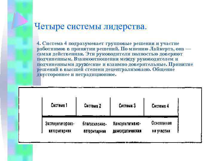 Четыре системы лидерства. 4. Система 4 подразумевает групповые решения и участие работников в принятии
