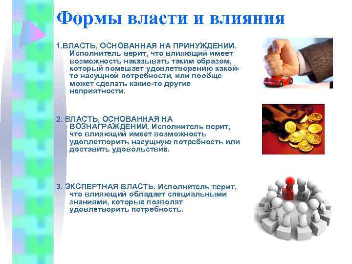 Формы власти и влияния 1. ВЛАСТЬ, ОСНОВАННАЯ НА ПРИНУЖДЕНИИ. Исполнитель верит, что влияющий имеет
