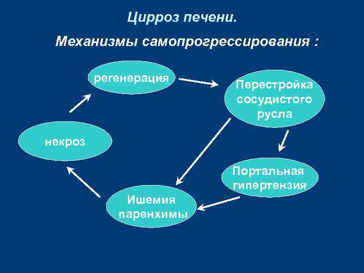 Цирроз печени. Механизмы самопрогрессирования : регенерация Перестройка сосудистого русла некроз Портальная гипертензия Ишемия паренхимы