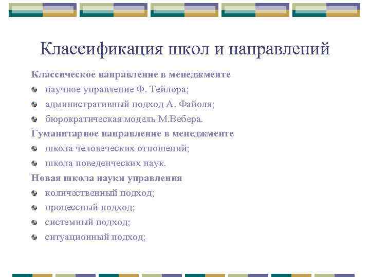 Классификация школ и направлений Классическое направление в менеджменте научное управление Ф. Тейлора; административный подход