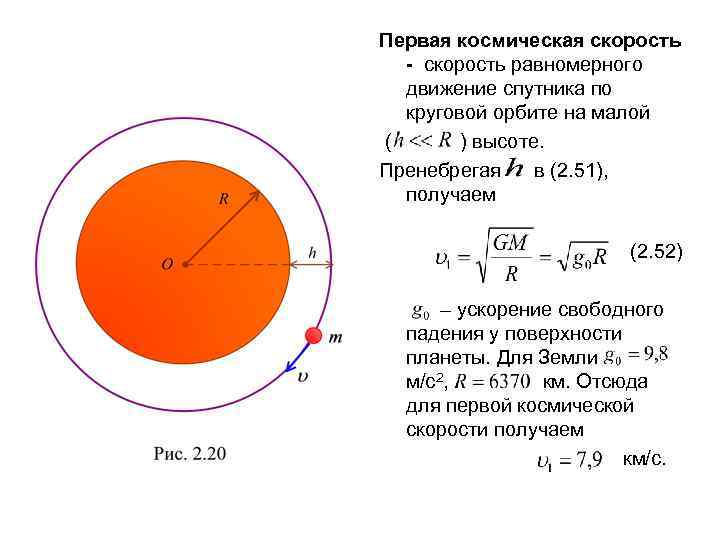 Первая космическая скорость - скорость равномерного движение спутника по круговой орбите на малой (