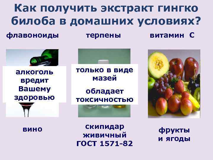 Как получить экстракт гингко билоба в домашних условиях? флавоноиды терпены алкоголь вредит Вашему здоровью