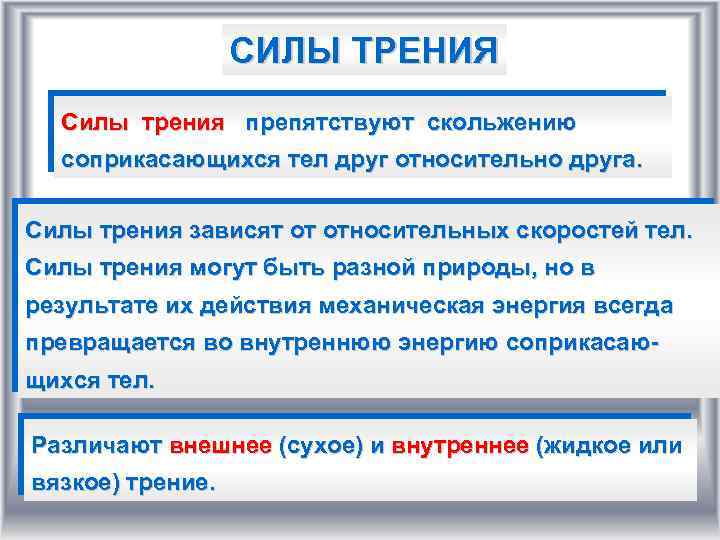 СИЛЫ ТРЕНИЯ Силы трения препятствуют скольжению соприкасающихся тел друг относительно друга. Силы трения зависят
