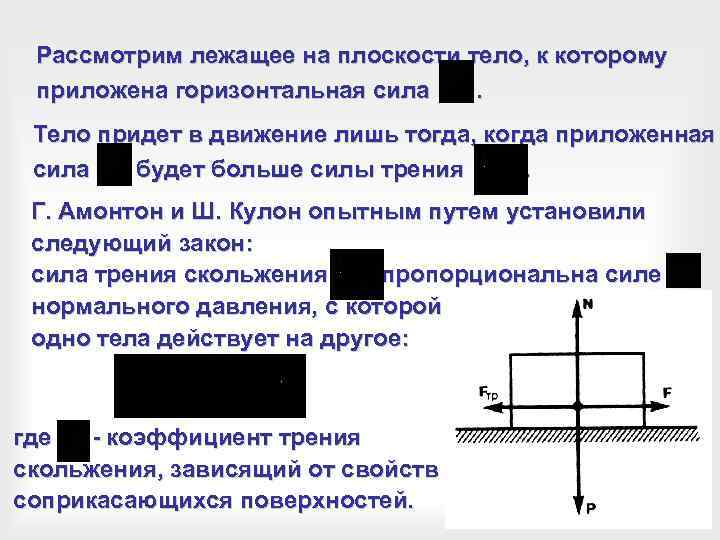 Рассмотрим лежащее на плоскости тело, к которому приложена горизонтальная сила. Тело придет в движение