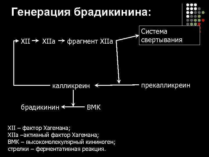 Генерация брадикинина: XIIa фрагмент XIIа калликреин брадикинин ВМК XII – фактор Хагемана; XIIа –активный