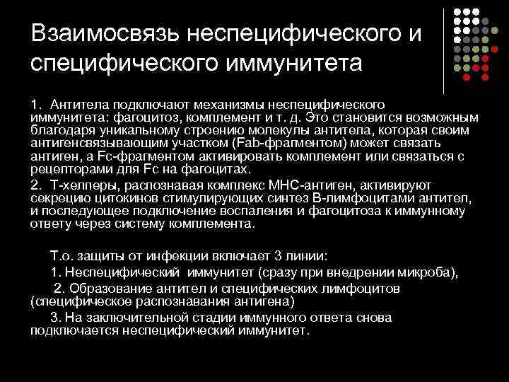 Взаимосвязь неспецифического иммунитета 1. Антитела подключают механизмы неспецифического иммунитета: фагоцитоз, комплемент и т. д.