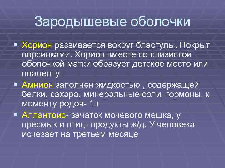 Зародышевые оболочки § Хорион развивается вокруг бластулы. Покрыт ворсинками. Хорион вместе со слизистой оболочкой