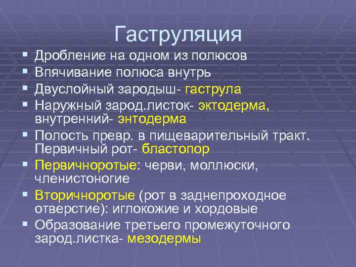 § § § § Гаструляция Дробление на одном из полюсов Впячивание полюса внутрь Двуслойный