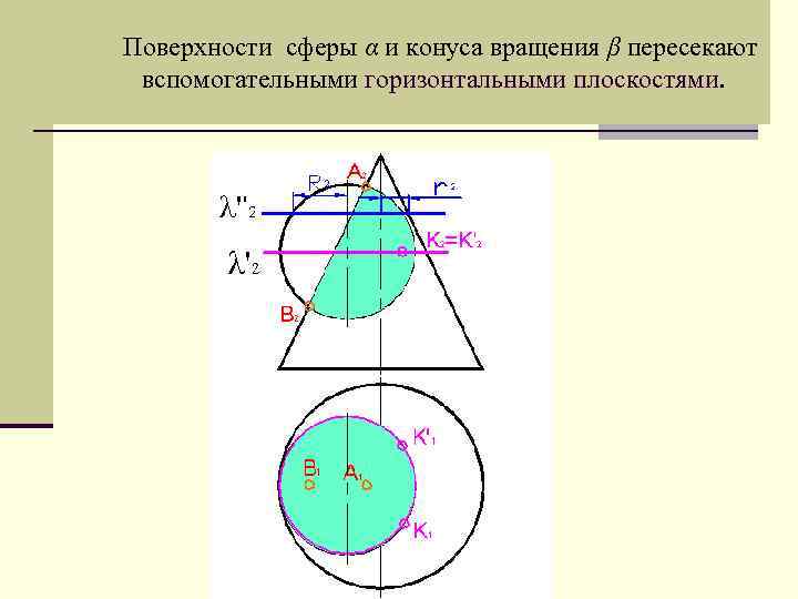 Поверхности сферы α и конуса вращения β пересекают вспомогательными горизонтальными плоскостями. 