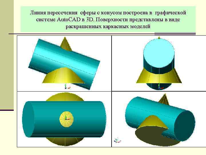 Линия пересечения сферы с конусом построена в графической системе Аuto. CAD в 3 D.