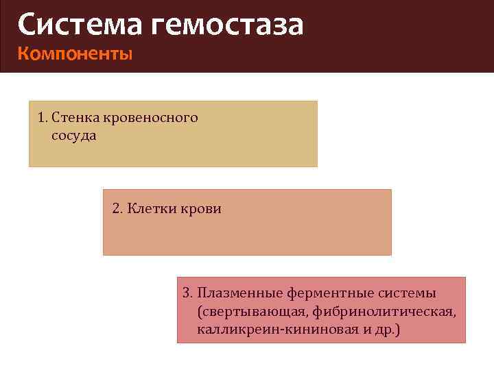 Система гемостаза Компоненты 1. Стенка кровеносного сосуда 2. Клетки крови 3. Плазменные ферментные системы