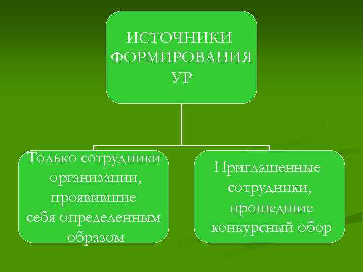 ИСТОЧНИКИ ФОРМИРОВАНИЯ УР Только сотрудники организации, проявившие себя определенным образом Приглашенные сотрудники, прошедшие конкурсный