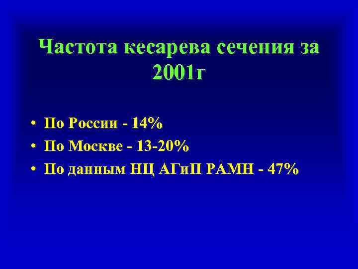 Частота кесарева сечения за 2001 г • По России - 14% • По Москве