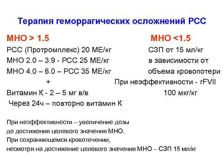 Терапия геморрагических осложнений PCC МНО > 1. 5 МНО <1. 5 РСС (Протромплекс) 20