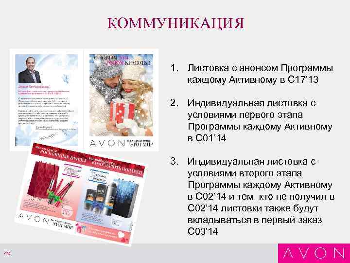 КОММУНИКАЦИЯ 1. Листовка с анонсом Программы каждому Активному в С 17’ 13 2. Индивидуальная