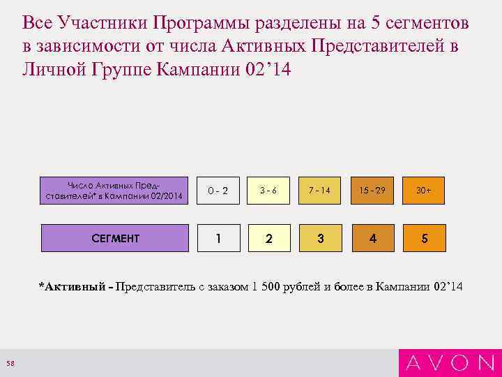 Все Участники Программы разделены на 5 сегментов в зависимости от числа Активных Представителей в