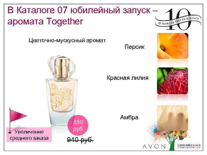 В Каталоге 07 юбилейный запуск – аромата Together Цветочно-мускусный аромат Персик Красная лилия Увеличение