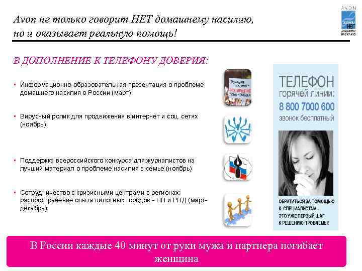 Avon не только говорит НЕТ домашнему насилию, но и оказывает реальную помощь! В ДОПОЛНЕНИЕ