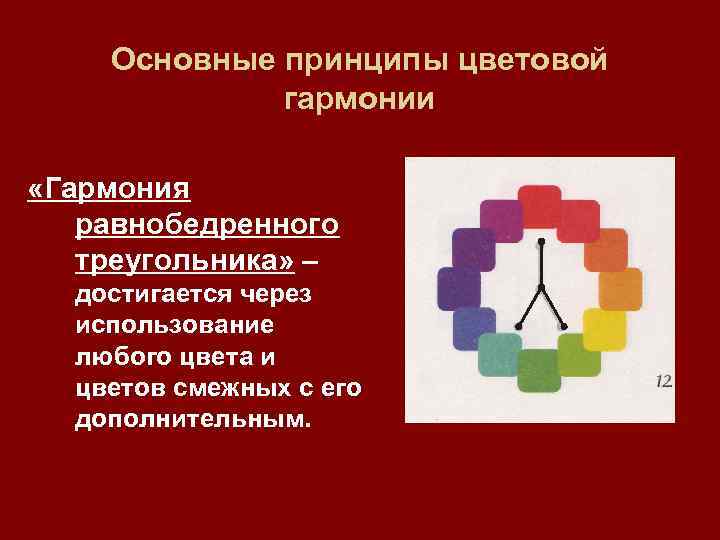 Основные принципы цветовой гармонии «Гармония равнобедренного треугольника» – достигается через использование любого цвета и