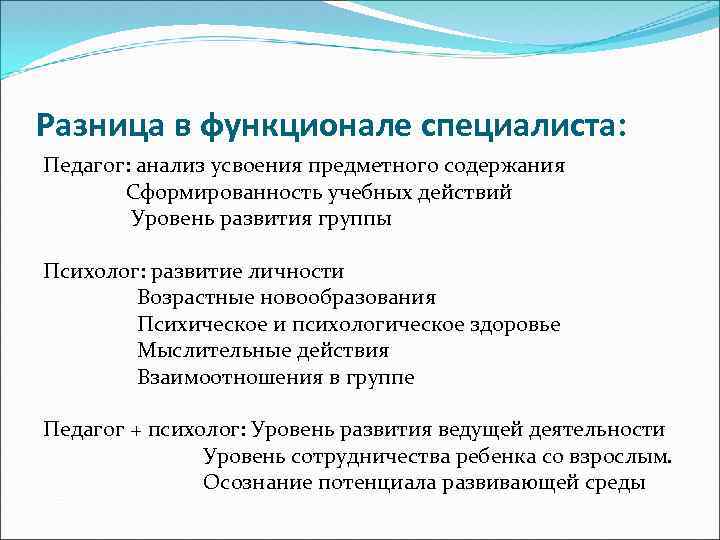 Разница в функционале специалиста: Педагог: анализ усвоения предметного содержания Сформированность учебных действий Уровень развития