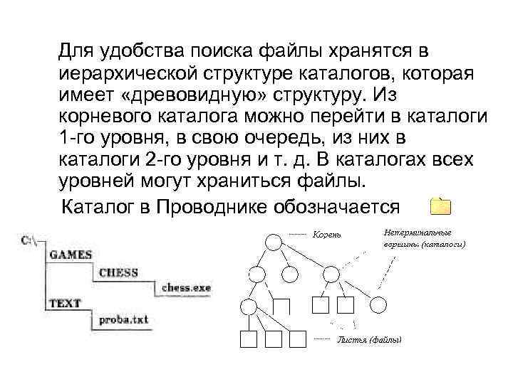  Для удобства поиска файлы хранятся в иерархической структуре каталогов, которая имеет «древовидную» структуру.