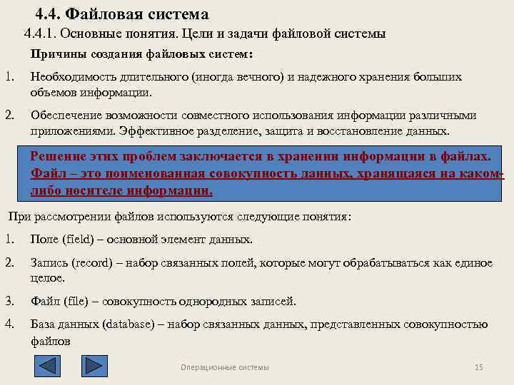 4. 4. Файловая система 4. 4. 1. Основные понятия. Цели и задачи файловой системы