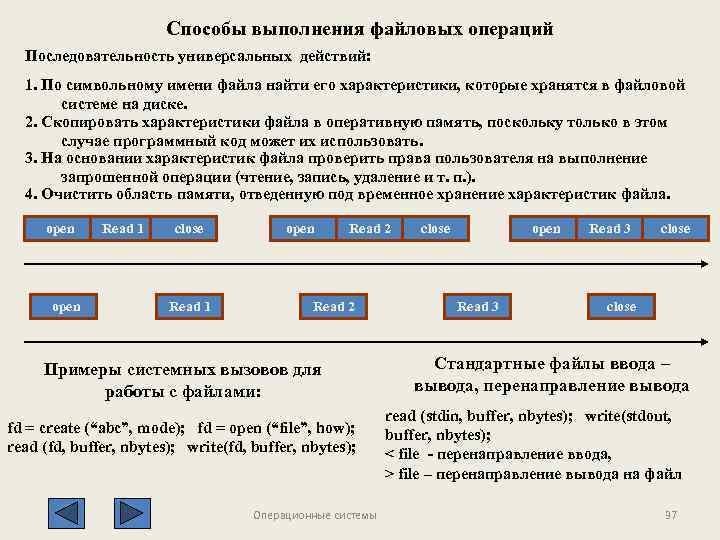 Последовательность файлов. Способы организации файловых операций. Способы выполнения операций. Операции с файловой системой. Основные операции файловой системы.