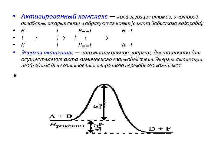  • Активированный комплекс — конфигурация атомов, в которой • • • ослаблены старые