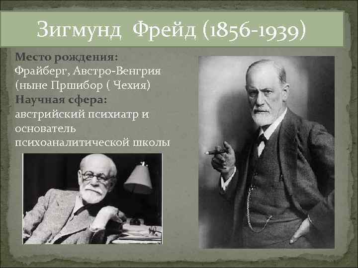 Зигмунд Фрейд (1856 -1939) Место рождения: Фрайберг, Австро-Венгрия (ныне Пршибор ( Чехия) Научная сфера: