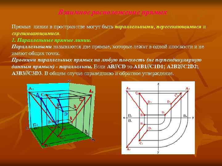 Взаимное расположение прямых Прямые линии в пространстве могут быть параллельными, пересекающимися и скрещивающимися. 1.