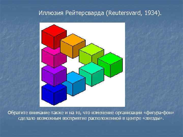 Иллюзия Рейтерсварда (Reutersvard, 1934). Обратите внимание также и на то, что изменение организации «фигура-фон»
