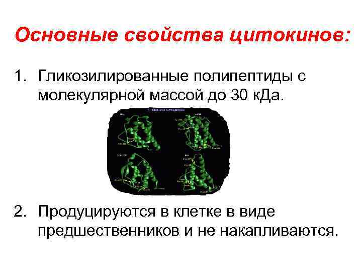 Основные свойства цитокинов: 1. Гликозилированные полипептиды с молекулярной массой до 30 к. Да. 2.